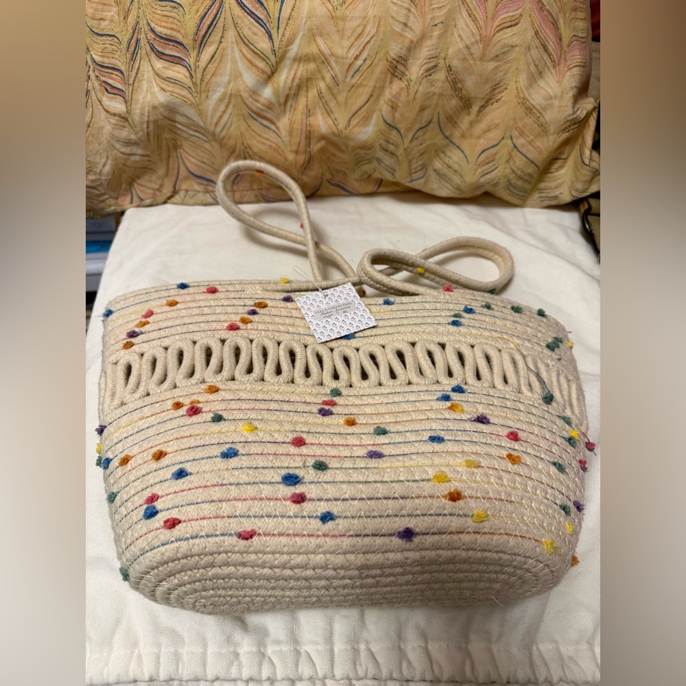 Beige Woven Shoulder Bag with Multicolor Accents